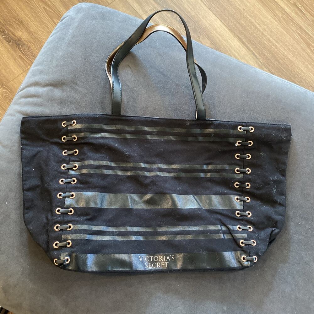 Victoria's Secret Canvas Tote Black Stiped Bag Gold Tone Grommet Faux Leather
